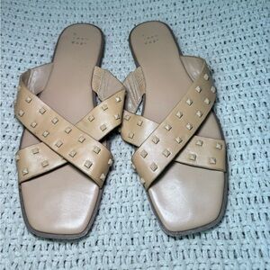 Neutral Studded Crisscross Slide Sandals - Women